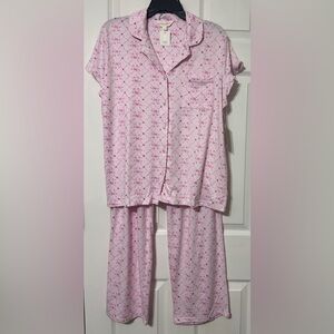 Laura Ashley Women’s Pink Bow/Hearts Pajama Set So Soft Ruffle Sleeves NWT L